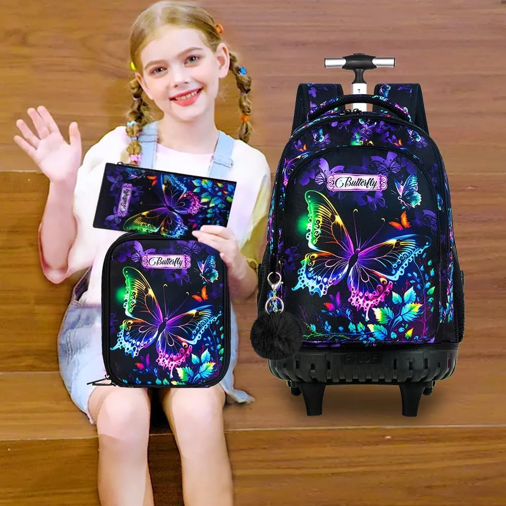 3Pcs Rolling Backpack for Girls Women, Kids Roller Bookbag with Wheels, Butterfly Wheeled Backpacks Set for Elementary Toddler(Black)