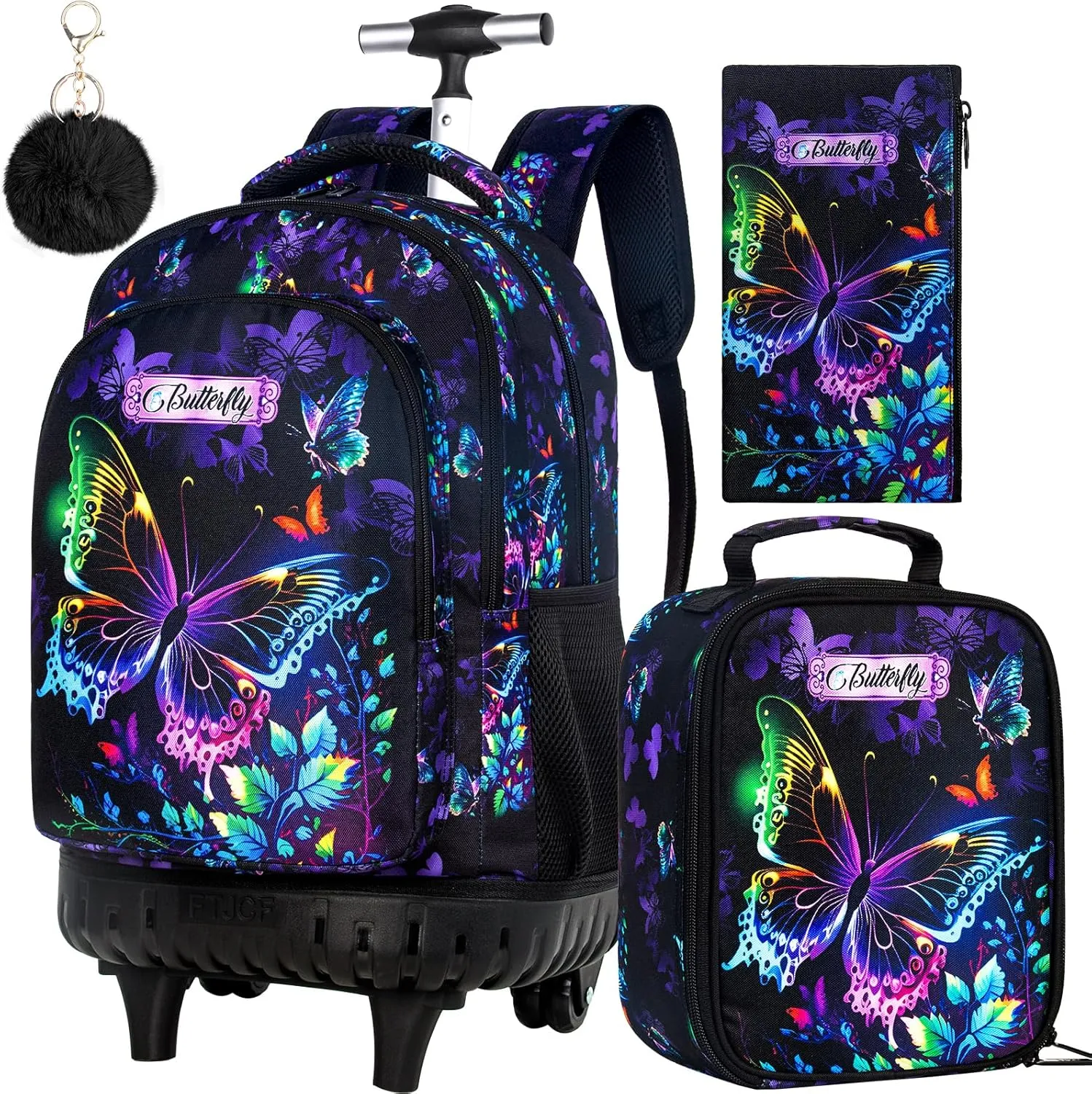 3Pcs Rolling Backpack for Girls Women, Kids Roller Bookbag with Wheels, Butterfly Wheeled Backpacks Set for Elementary Toddler(Black)