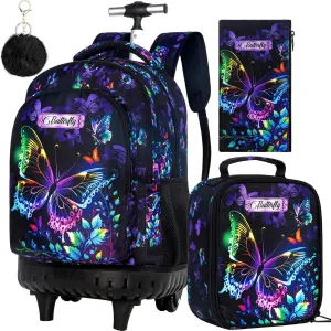 3Pcs Rolling Backpack for Girls Women, Kids Roller Bookbag with Wheels, Butterfly Wheeled Backpacks Set for Elementary Toddler(Black)