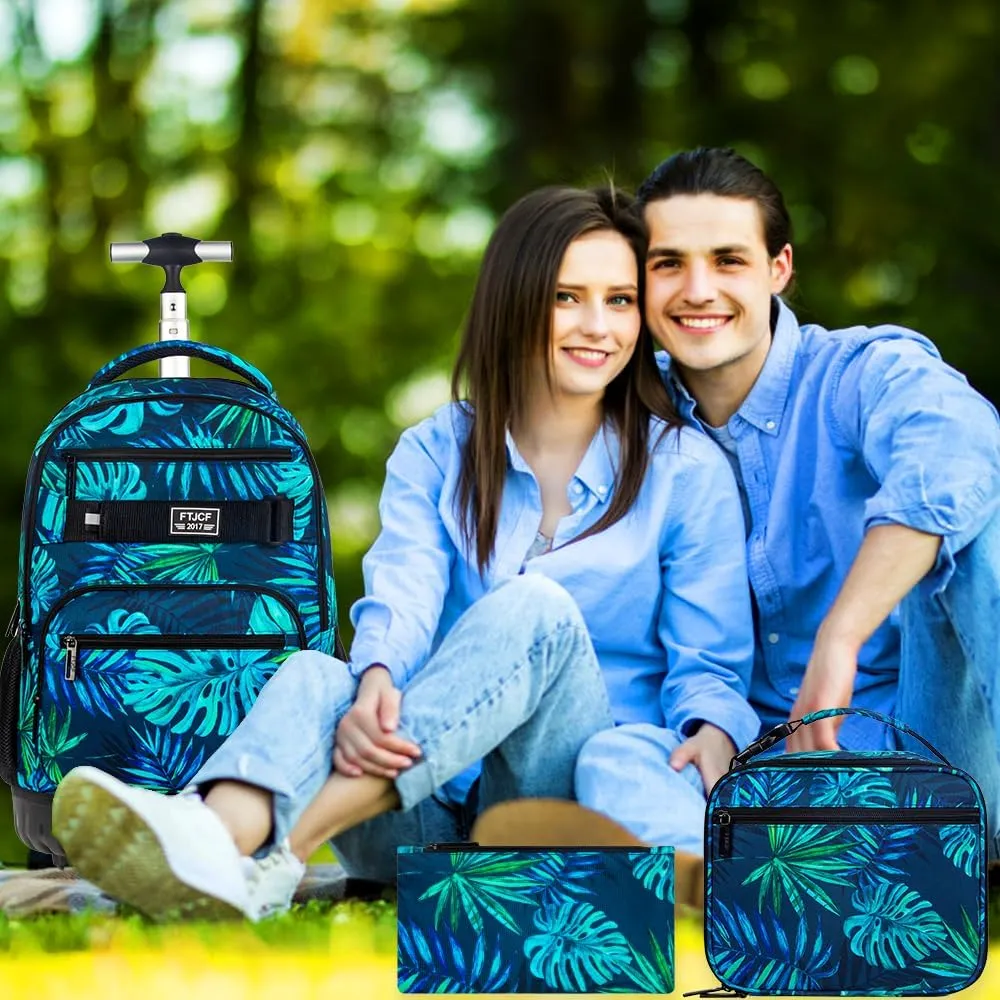 3Pcs Rolling Backpack for Men, 19 Inche Adult Bag with Roller Wheels, Wheeled Bookbag Set for Boys - Green