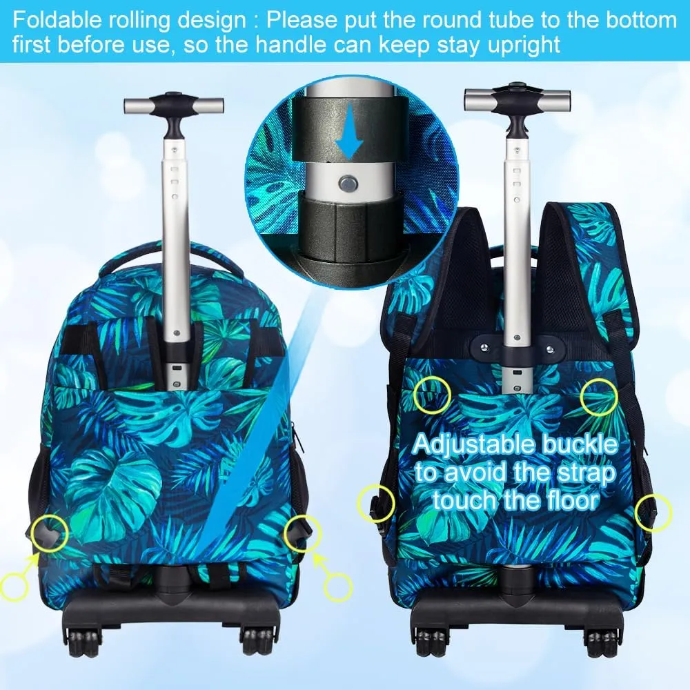 3Pcs Rolling Backpack for Men, 19 Inche Adult Bag with Roller Wheels, Wheeled Bookbag Set for Boys - Green