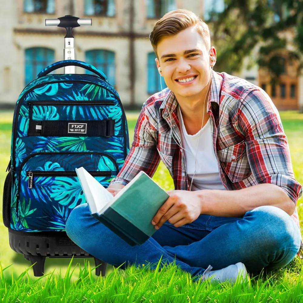 3Pcs Rolling Backpack for Men, 19 Inche Adult Bag with Roller Wheels, Wheeled Bookbag Set for Boys - Green