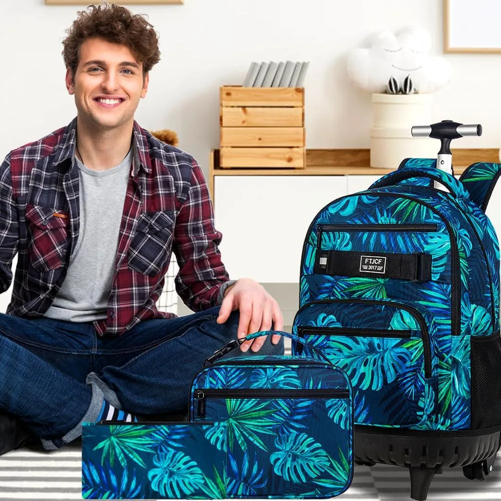 3Pcs Rolling Backpack for Men, 19 Inche Adult Bag with Roller Wheels, Wheeled Bookbag Set for Boys - Green