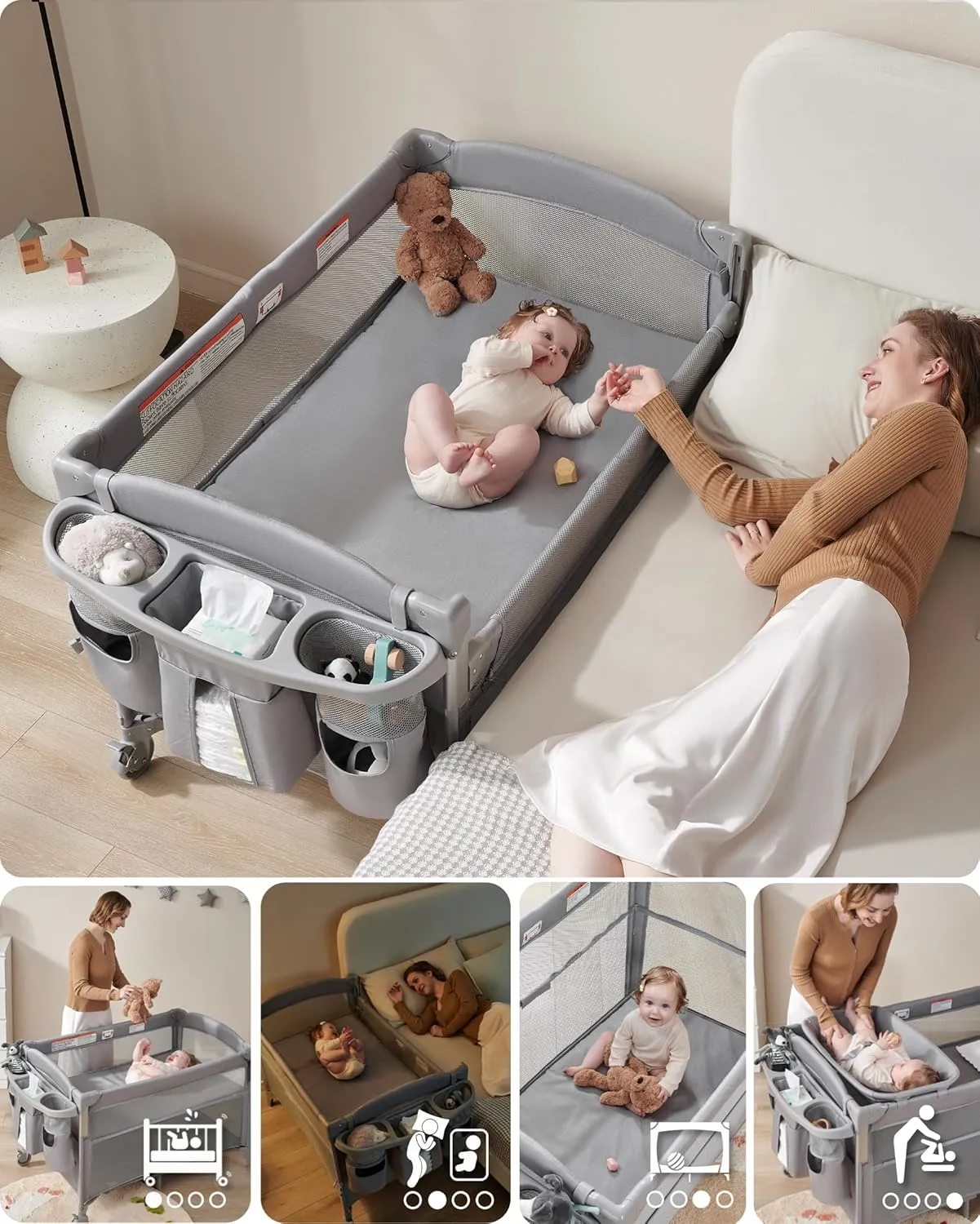 4 in 1 Baby Bassinet Bedside Sleeper, 4 Functions Crib, Playard, Portable Changing Table, Bassinet for Newborn Baby, Bedsaide Bed w/Wheels&Brakes