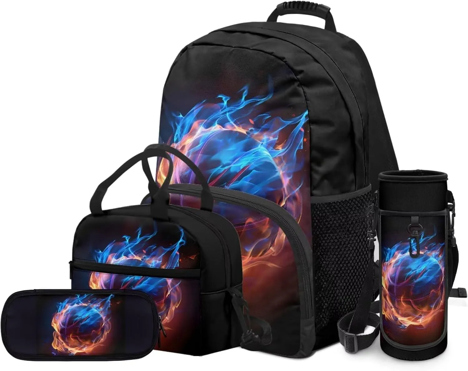 4 PCS Backpack Set Basketball Backpack for Boys Elementary School Bag with Lunch Bag Pencil Pouch Water Bottle Carrier Bag Set Kids Student Bookbag