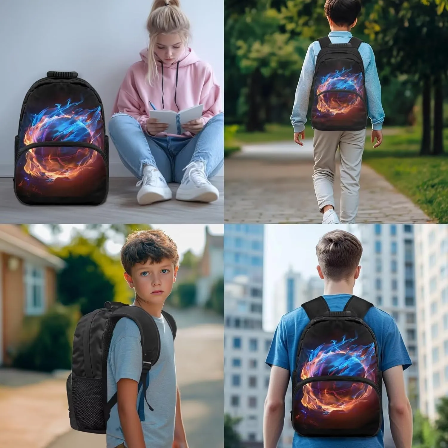 4 PCS Backpack Set Basketball Backpack for Boys Elementary School Bag with Lunch Bag Pencil Pouch Water Bottle Carrier Bag Set Kids Student Bookbag
