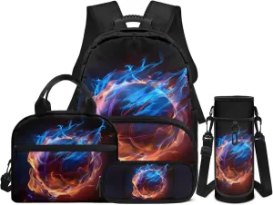 4 PCS Backpack Set Basketball Backpack for Boys Elementary School Bag with Lunch Bag Pencil Pouch Water Bottle Carrier Bag Set Kids Student Bookbag