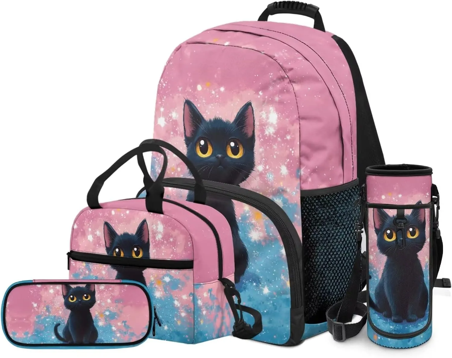 4 Pcs School Backpack Set Cute Black Cat Backpacks with Reusable Lunch Bag Water Bottle Carrier Bag Pencil Case Set Preschool Kindergarten Bookbag