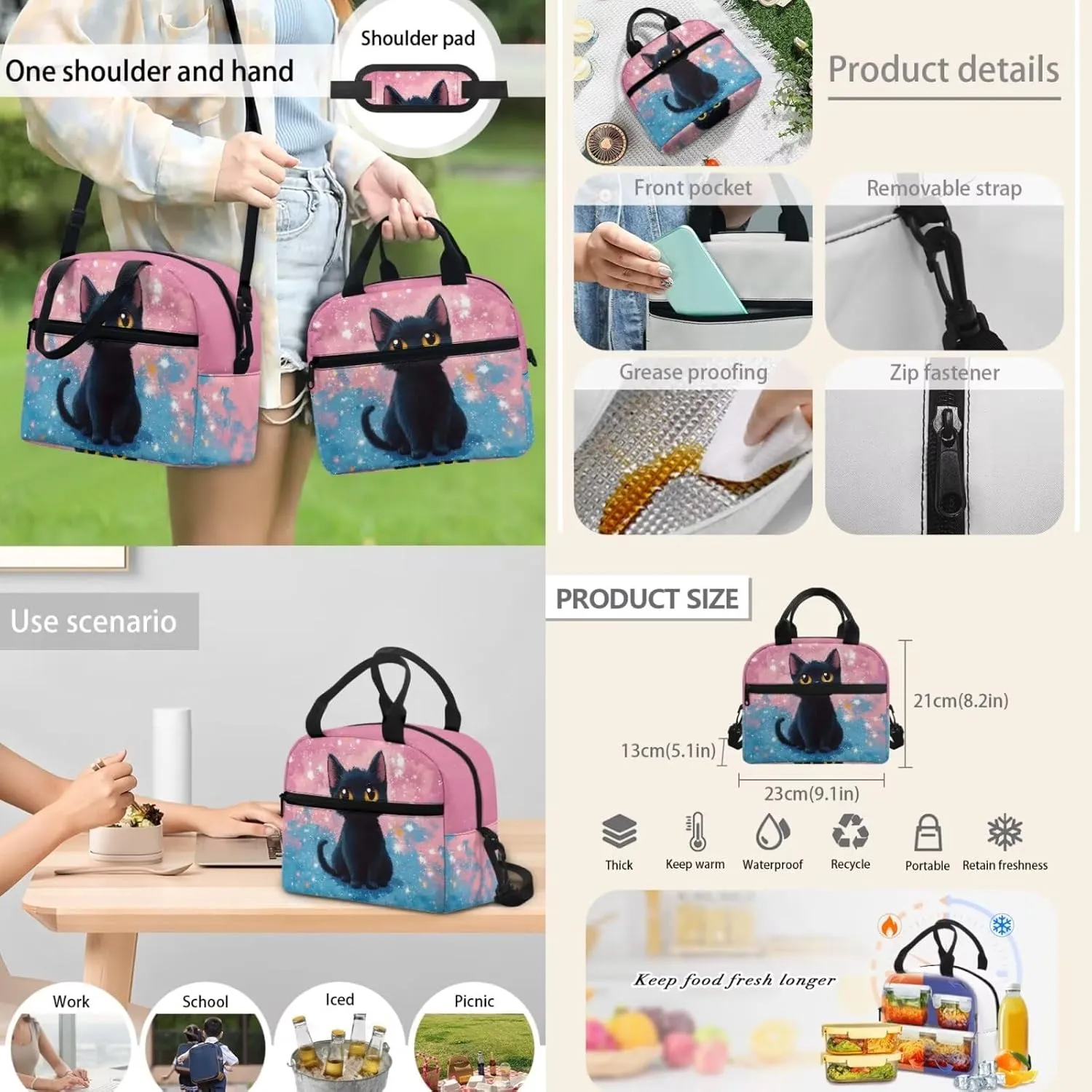 4 Pcs School Backpack Set Cute Black Cat Backpacks with Reusable Lunch Bag Water Bottle Carrier Bag Pencil Case Set Preschool Kindergarten Bookbag