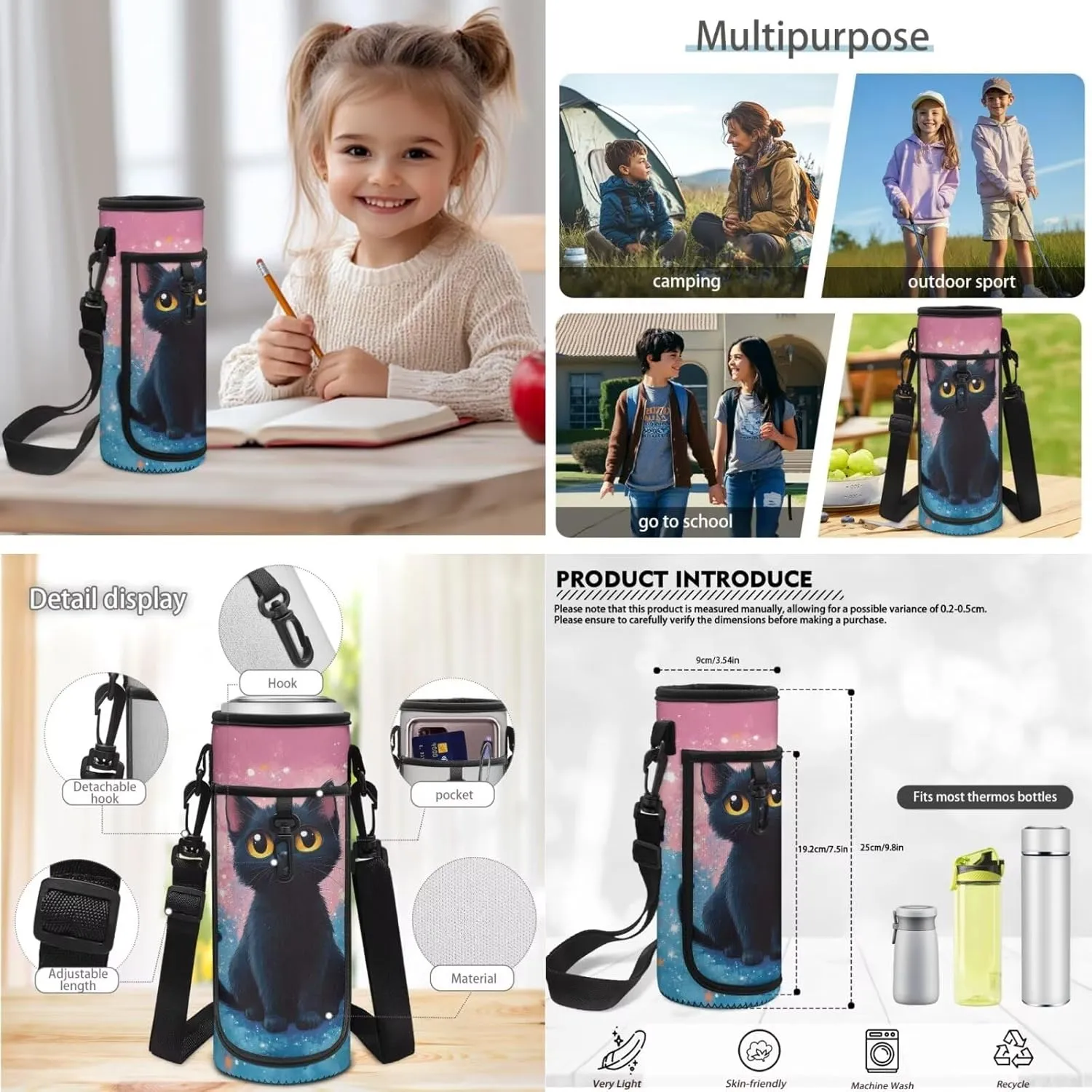 4 Pcs School Backpack Set Cute Black Cat Backpacks with Reusable Lunch Bag Water Bottle Carrier Bag Pencil Case Set Preschool Kindergarten Bookbag