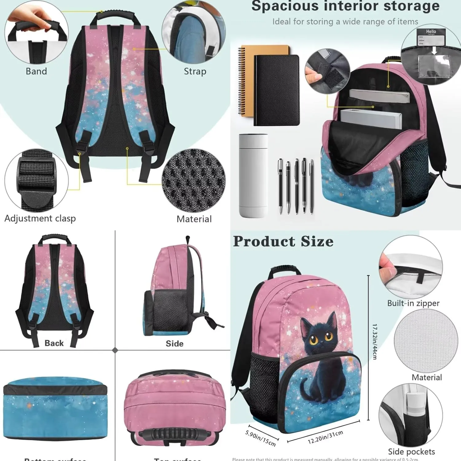 4 Pcs School Backpack Set Cute Black Cat Backpacks with Reusable Lunch Bag Water Bottle Carrier Bag Pencil Case Set Preschool Kindergarten Bookbag