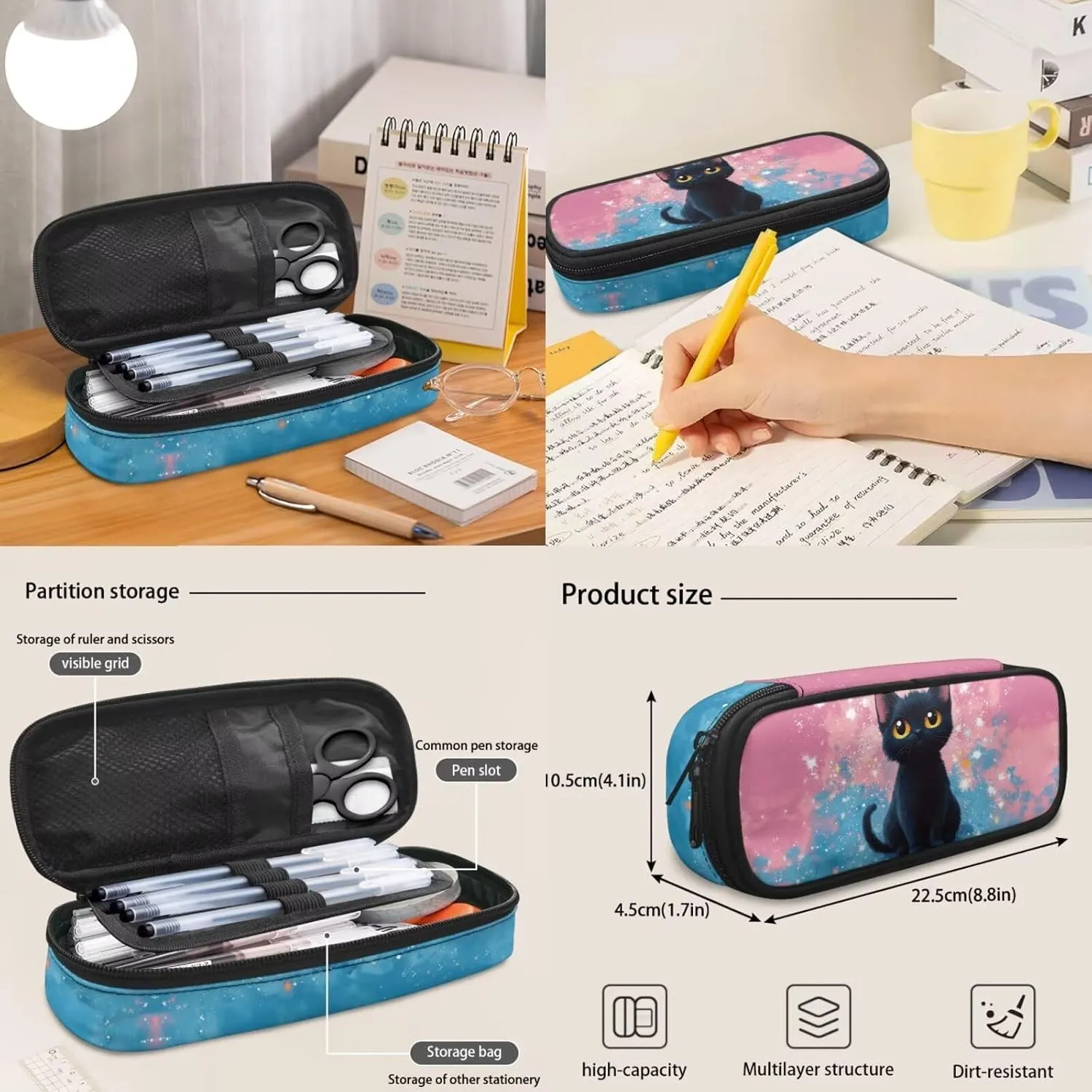 4 Pcs School Backpack Set Cute Black Cat Backpacks with Reusable Lunch Bag Water Bottle Carrier Bag Pencil Case Set Preschool Kindergarten Bookbag