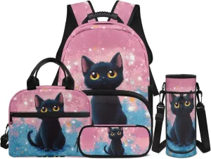 4 Pcs School Backpack Set Cute Black Cat Backpacks with Reusable Lunch Bag Water Bottle Carrier Bag Pencil Case Set Preschool Kindergarten Bookbag