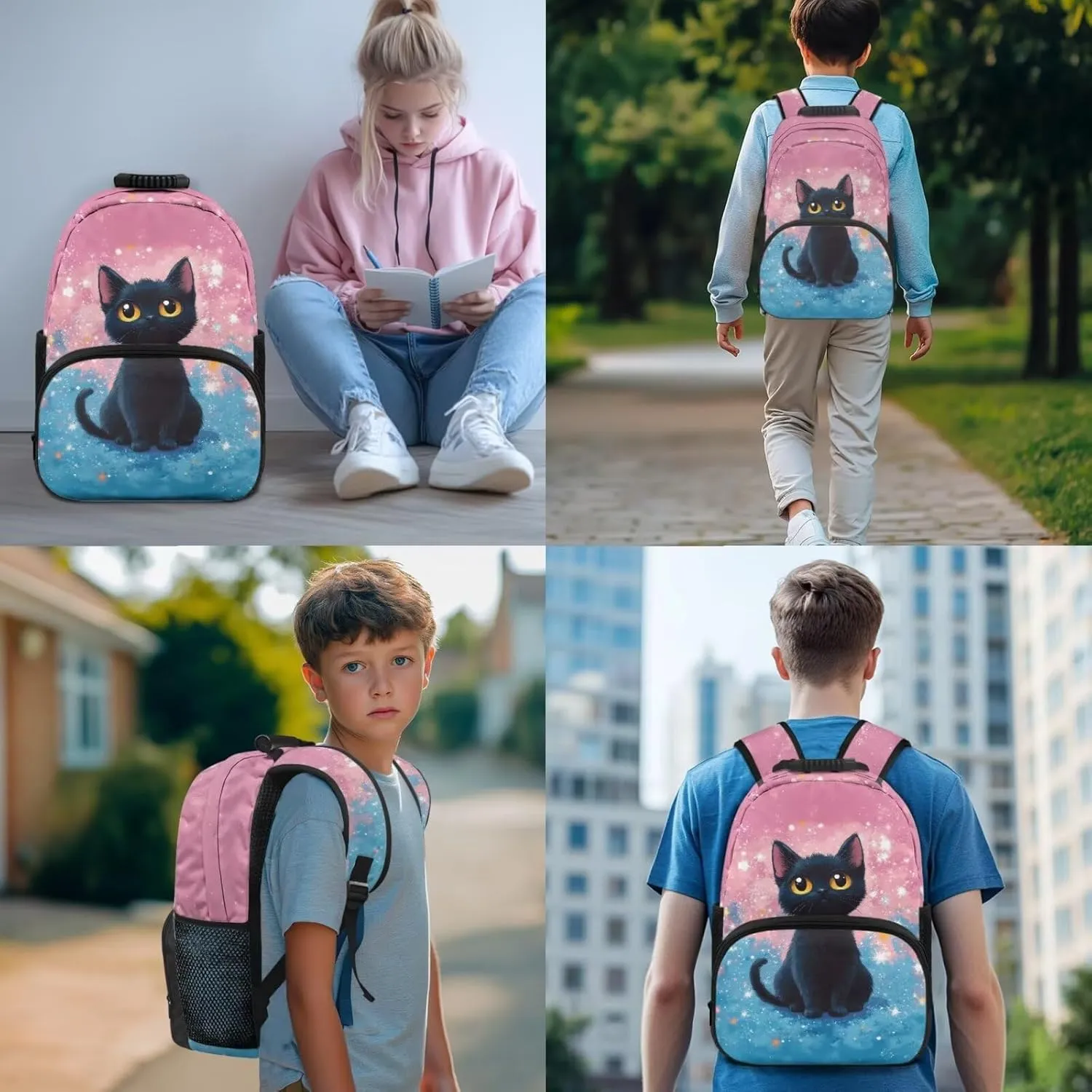 4 Pcs School Backpack Set Cute Black Cat Backpacks with Reusable Lunch Bag Water Bottle Carrier Bag Pencil Case Set Preschool Kindergarten Bookbag