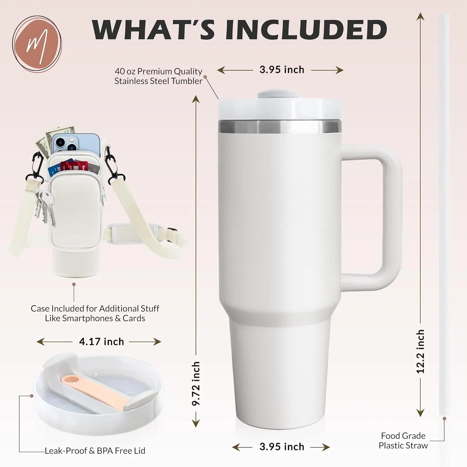 40 oz Stainless Steel Water Bottle Holder with Strap - Vacuum Insulated, Leak-Proof Tumbler with Lid Straw & Handle - Dishwasher Safe, Portable Water Bottle Bag with Carrying Case (Cream)