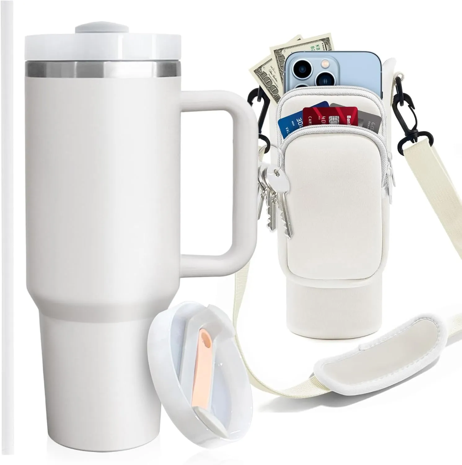 40 oz Stainless Steel Water Bottle Holder with Strap - Vacuum Insulated, Leak-Proof Tumbler with Lid Straw & Handle - Dishwasher Safe, Portable Water Bottle Bag with Carrying Case (Cream)