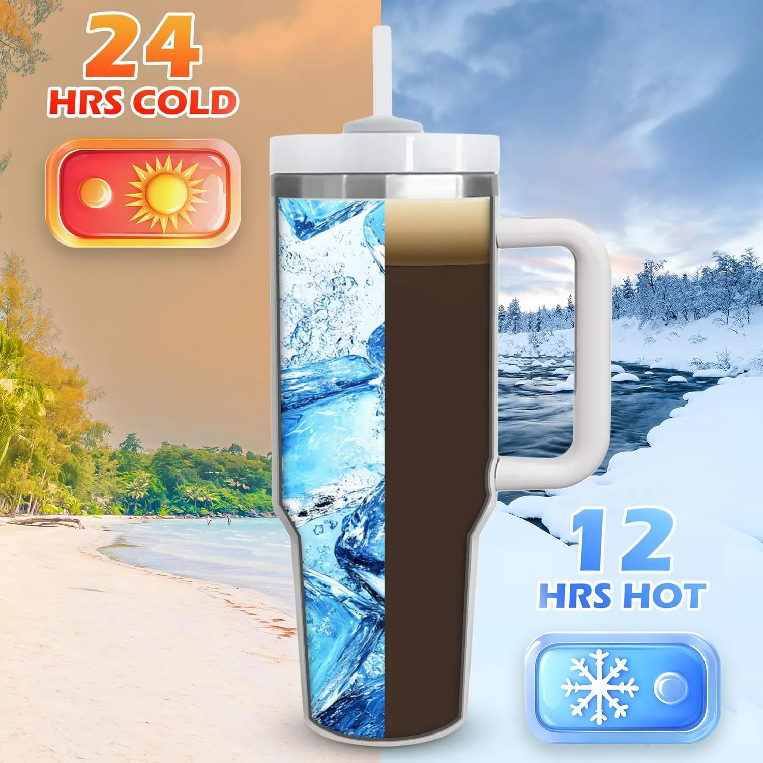 40 oz Stainless Steel Water Bottle Holder with Strap - Vacuum Insulated, Leak-Proof Tumbler with Lid Straw & Handle - Dishwasher Safe, Portable Water Bottle Bag with Carrying Case (Cream)