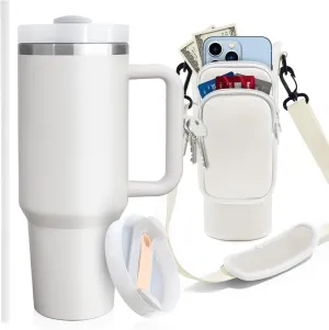 40 oz Stainless Steel Water Bottle Holder with Strap - Vacuum Insulated, Leak-Proof Tumbler with Lid Straw & Handle - Dishwasher Safe, Portable Water Bottle Bag with Carrying Case (Cream)