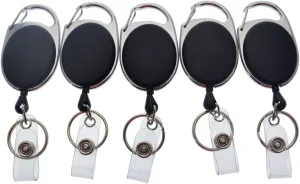 5 Pack - Premium Retractable Oval Shaped Badge Reels with Carabiner Belt Loop Clip, Keychain and ID Holder Strap by Specialist ID (Solid Black)