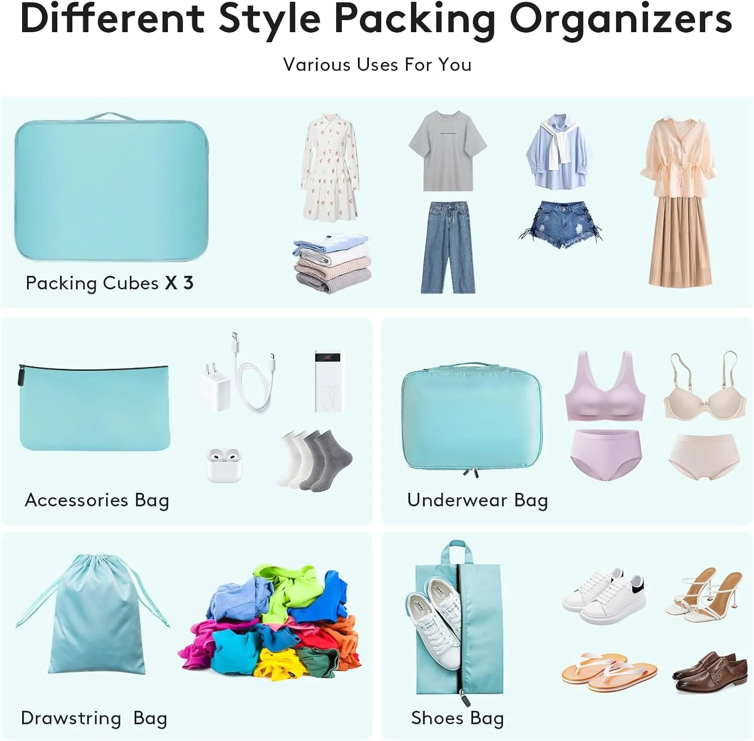 7 Set Packing Cubes Luggage Packing Organizers for Travel Accessories Luggage Carry On Suitcase-Blue