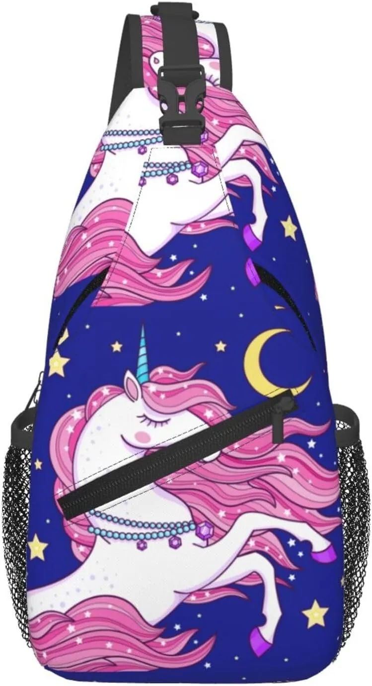 A Beautiful Unicorns With A Pink Mane Chest Sling Bag Crossbody Shoulder Backpack Bag Gym Cycling Daypack Travel Hiking Cross Bag