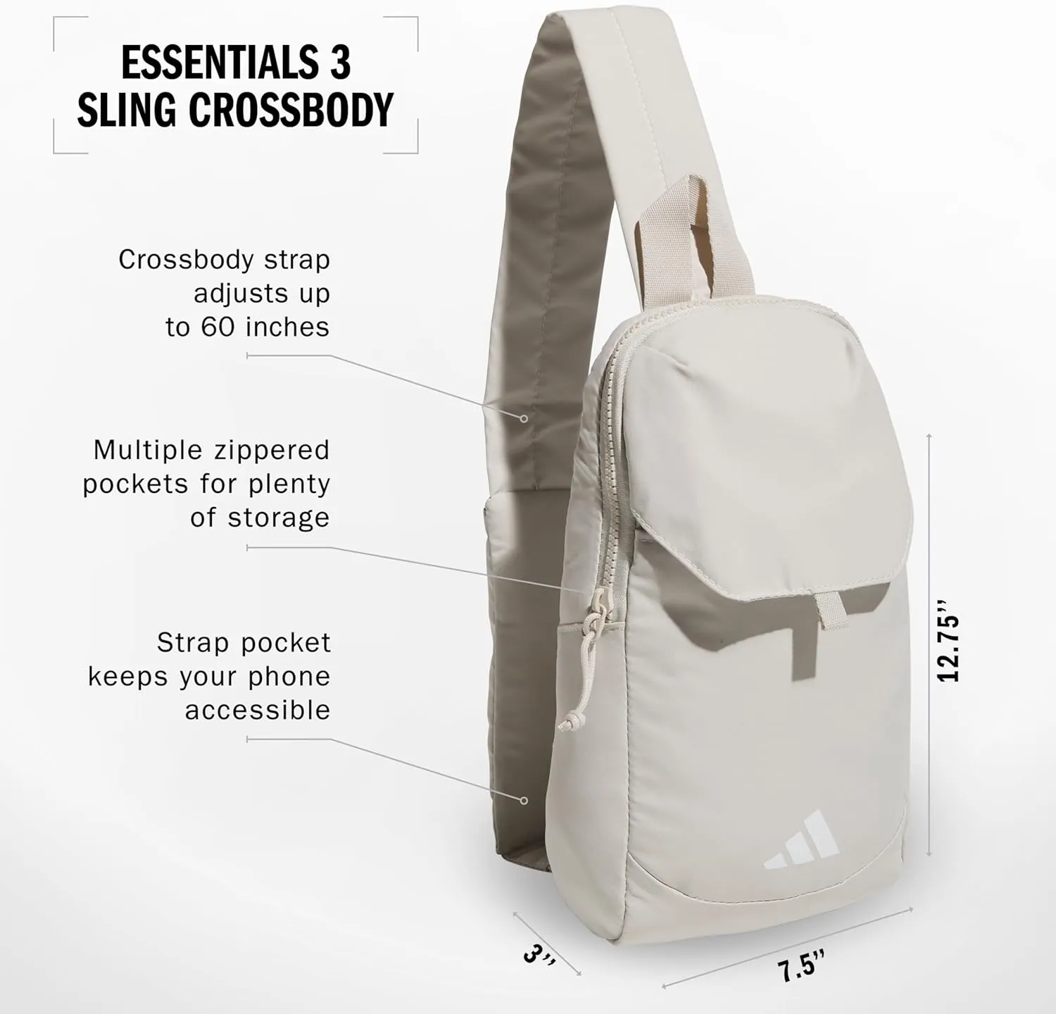adidas Essentials 3 Sling Crossbody Bag (5L), Wonder Alumina Grey, One Size
