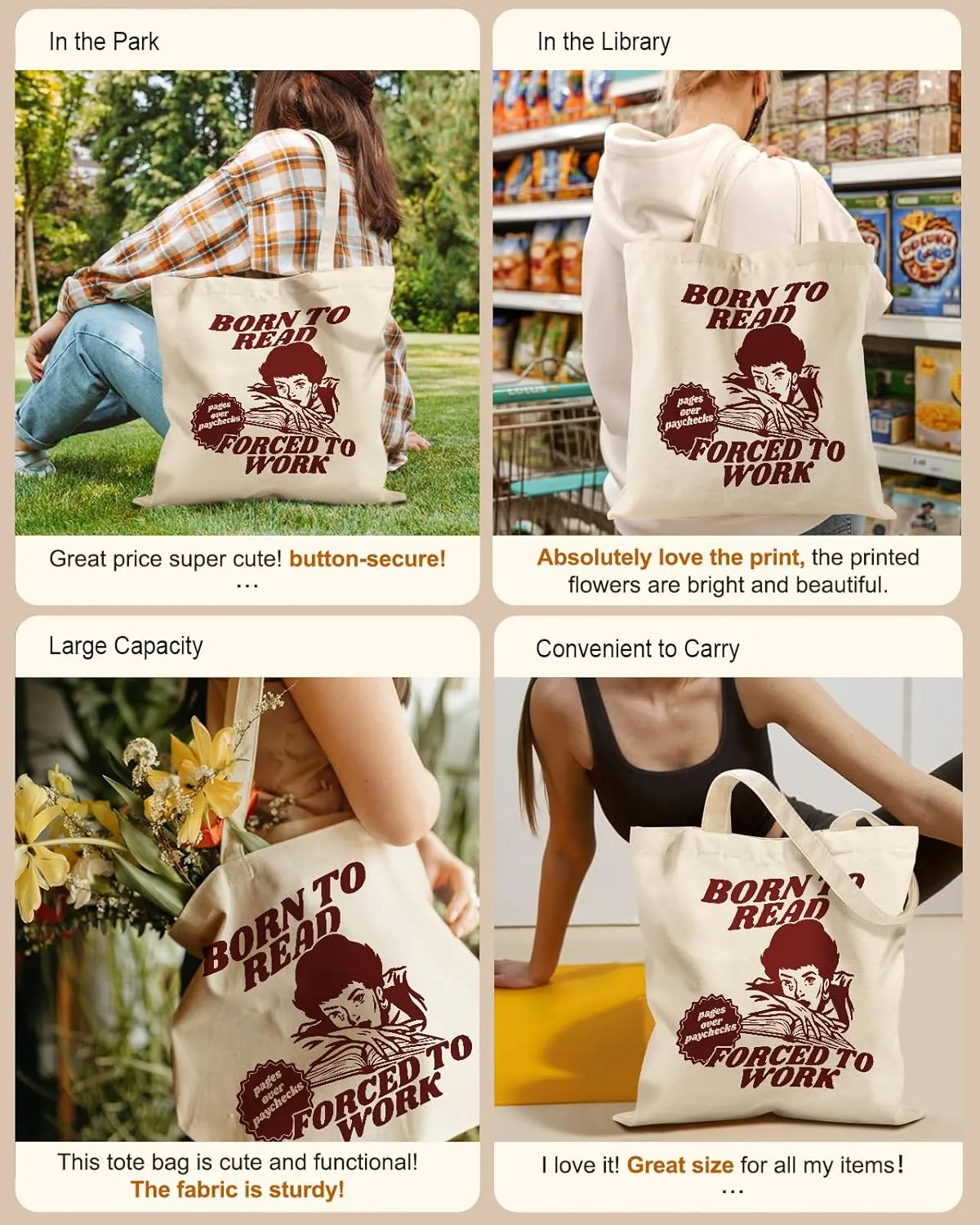 Aesthetic Tote Bag for Girls - with Magnetic Buckle and Zipper Inner Pocket for Women Lady Canvas Cotton Tote Bag