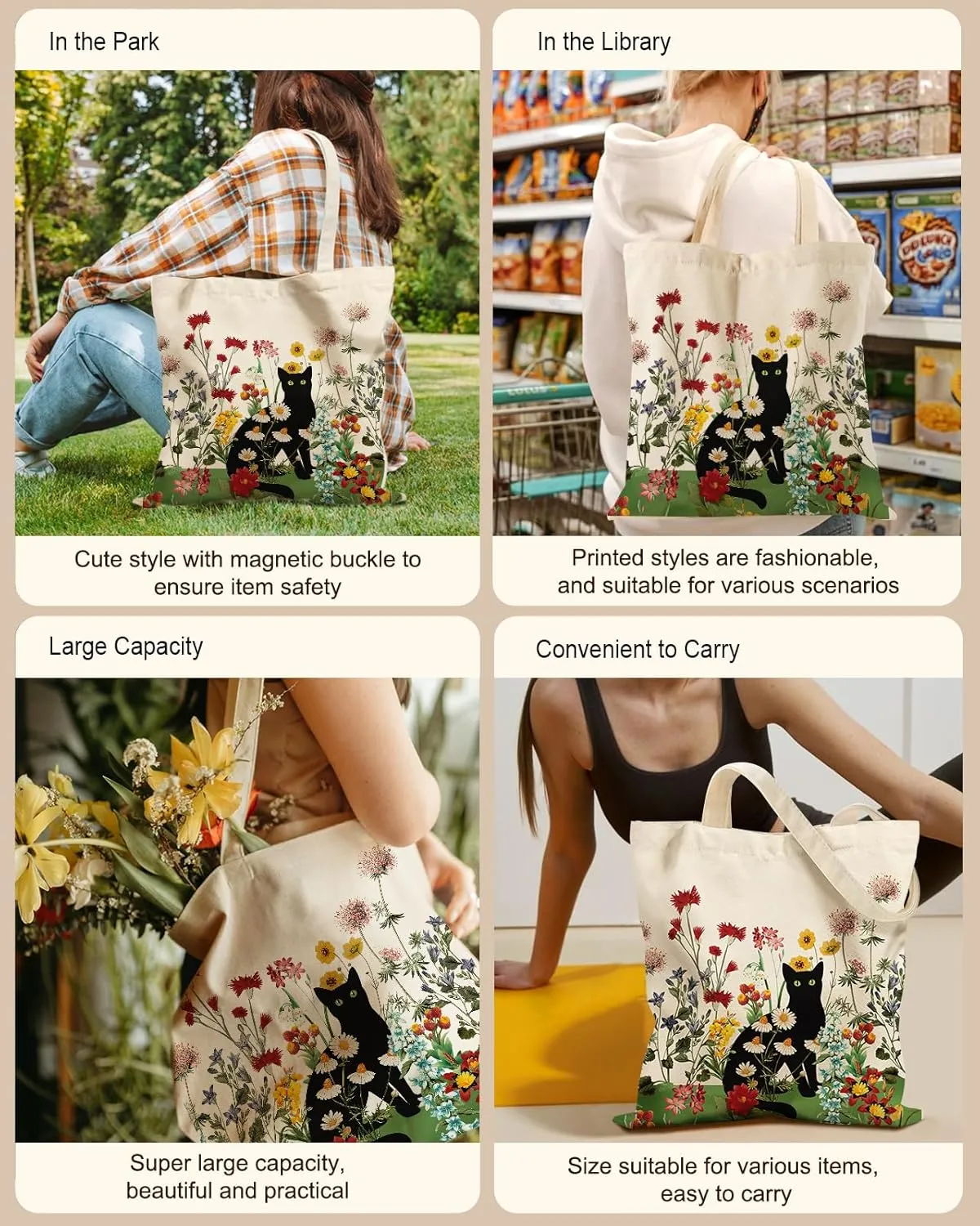 Aesthetic Tote Bag - with Magnetic Buckle and Zipper Inner Pocket for Women Lady Cloth Cotton Tote Bag