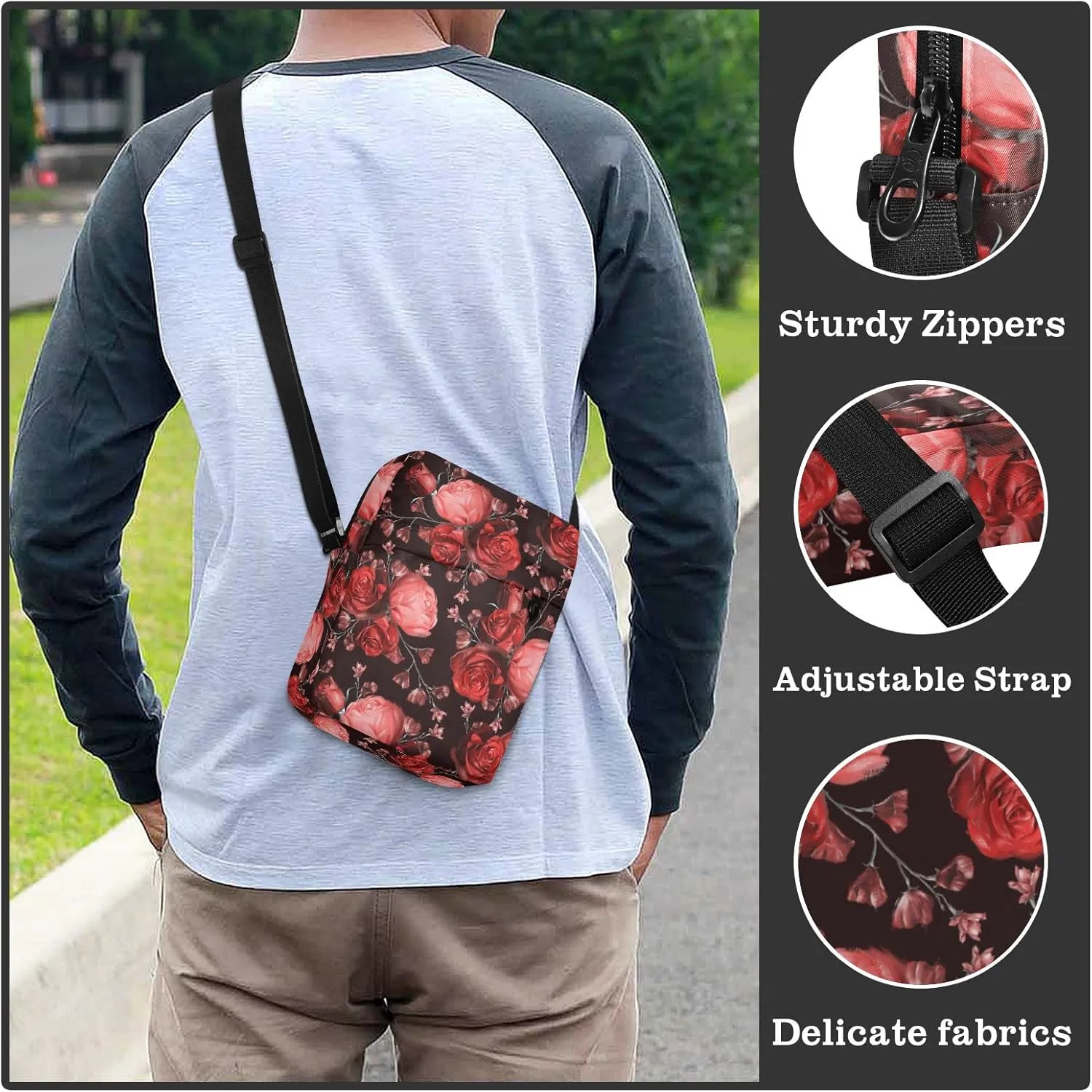 ALAZA Beautiful Wildflowers Rose Crossbody Bag Small Messenger Bag Shoulder Bag with Zipper for Women Men