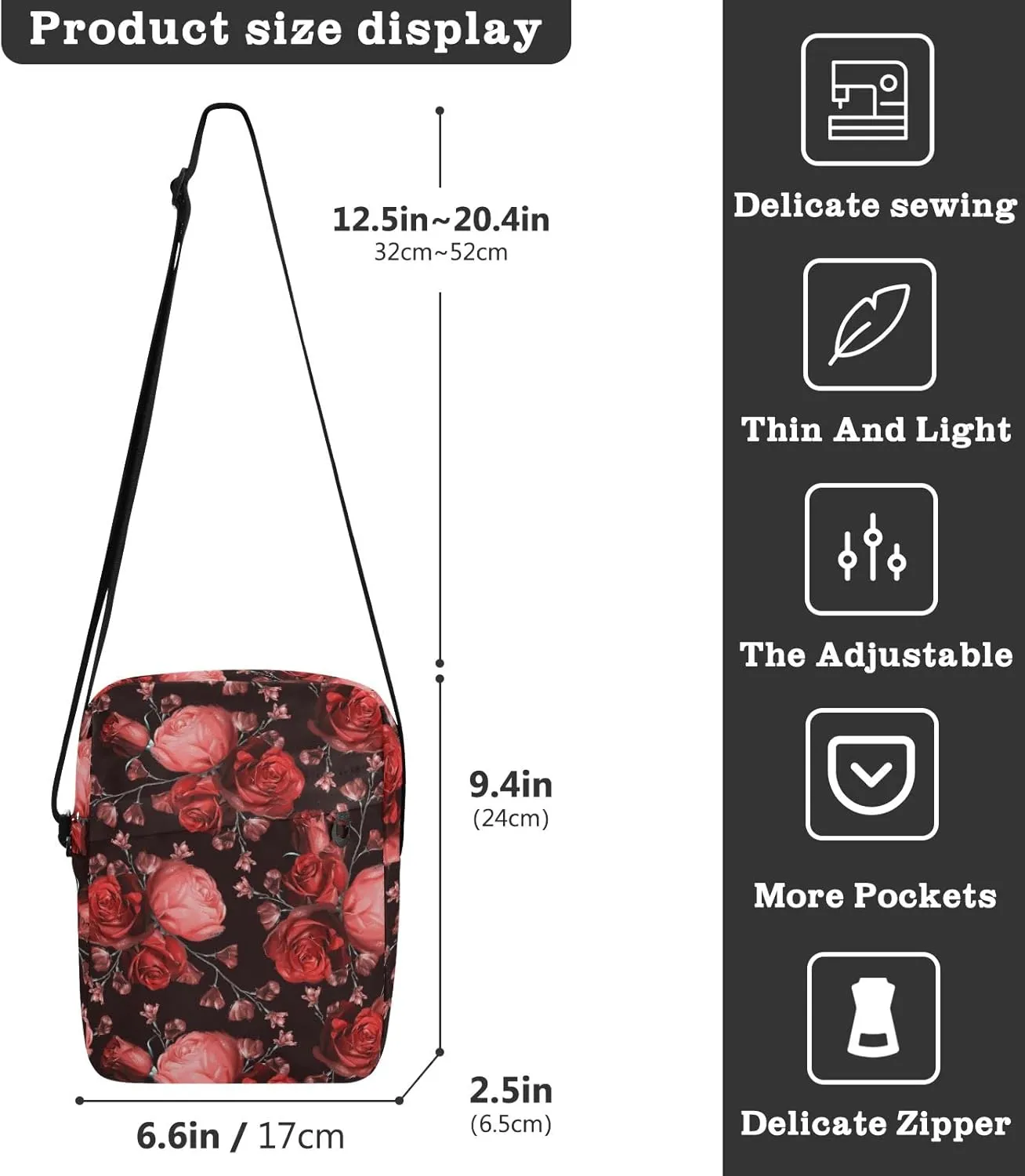 ALAZA Beautiful Wildflowers Rose Crossbody Bag Small Messenger Bag Shoulder Bag with Zipper for Women Men