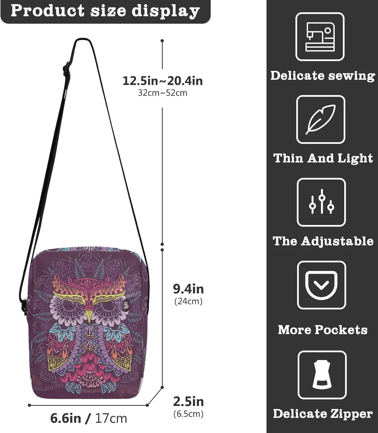 ALAZA Colorful Owl Mandala Crossbody Bag Small Messenger Bag Shoulder Bag with Zipper for Women Men