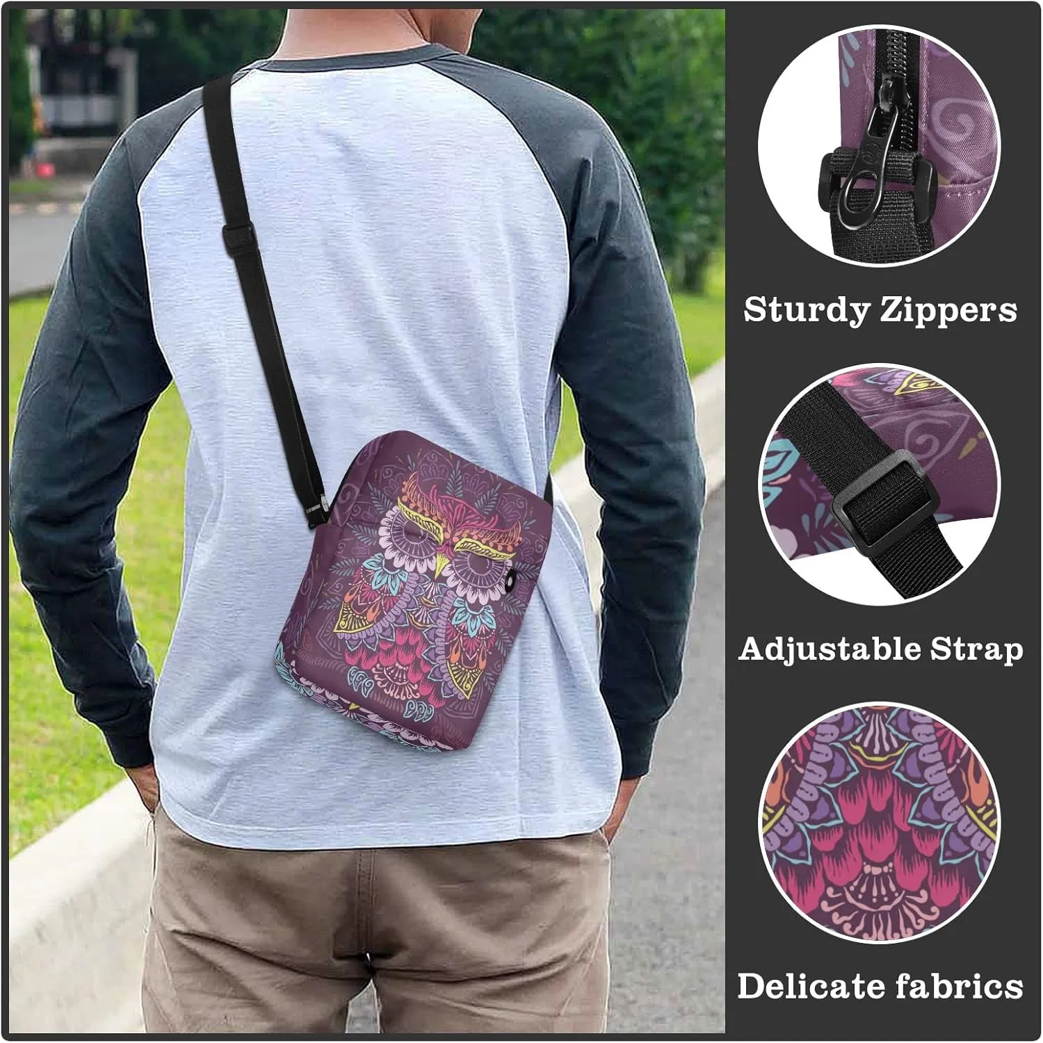 ALAZA Colorful Owl Mandala Crossbody Bag Small Messenger Bag Shoulder Bag with Zipper for Women Men