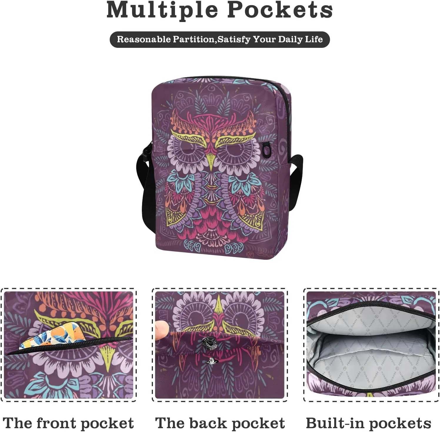 ALAZA Colorful Owl Mandala Crossbody Bag Small Messenger Bag Shoulder Bag with Zipper for Women Men