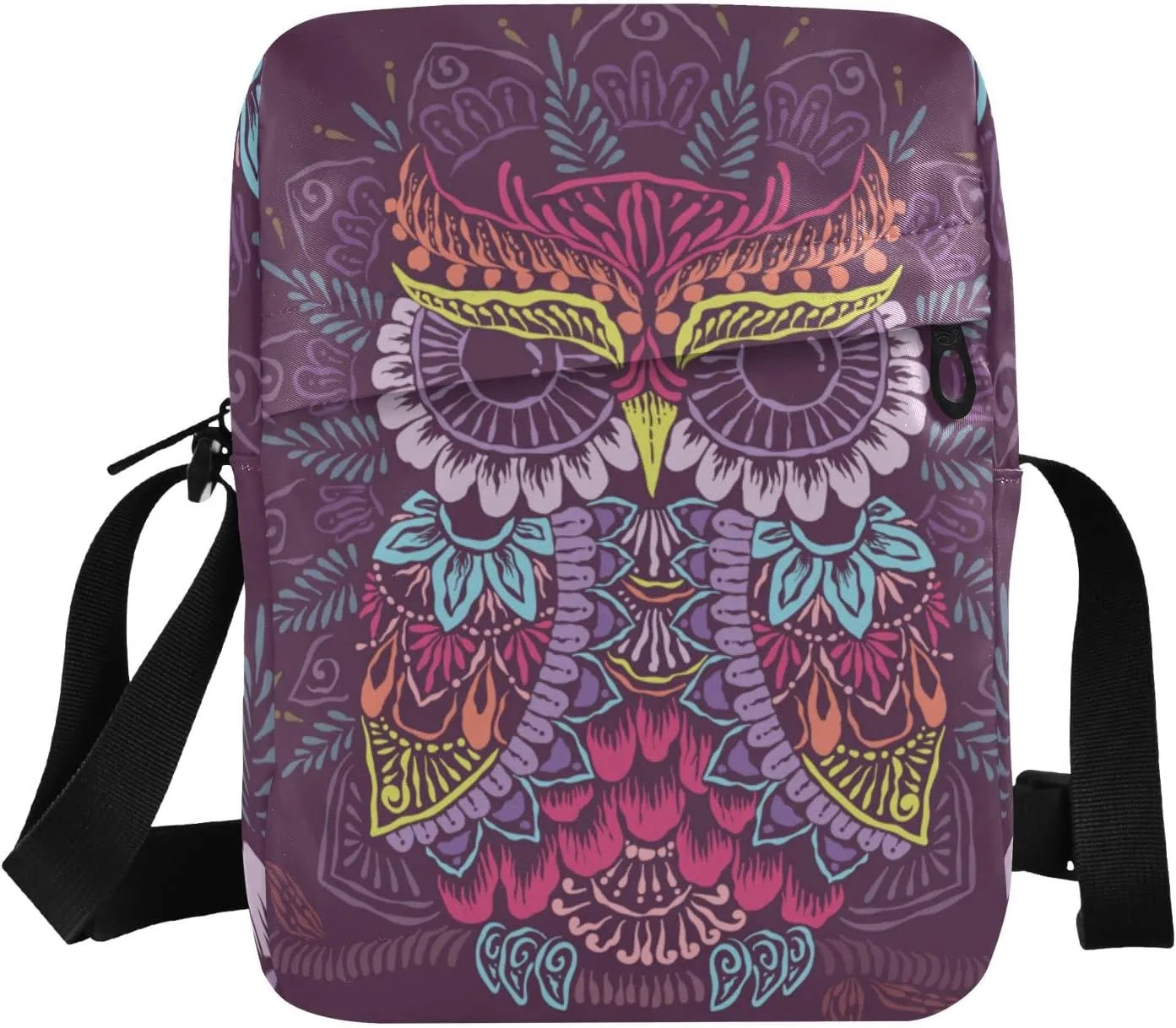 ALAZA Colorful Owl Mandala Crossbody Bag Small Messenger Bag Shoulder Bag with Zipper for Women Men
