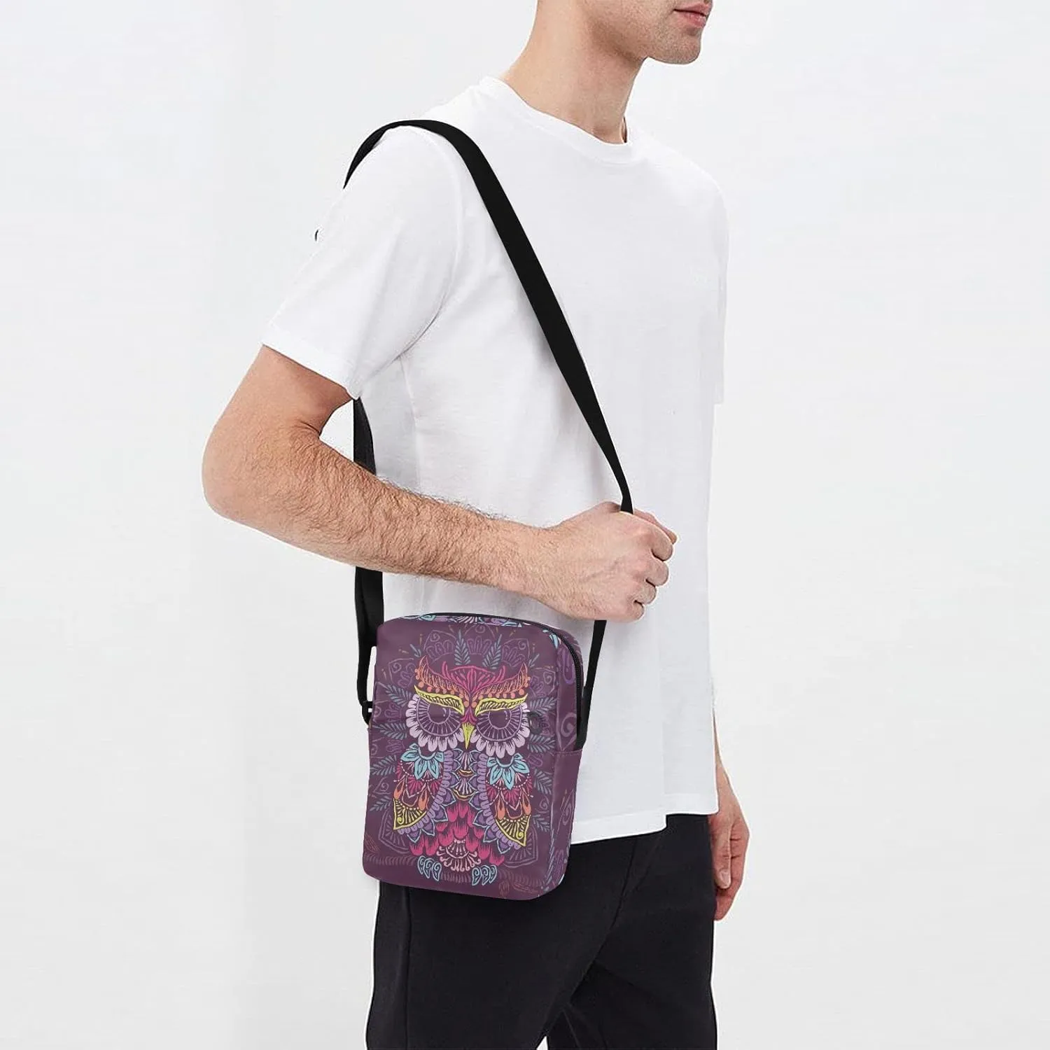 ALAZA Colorful Owl Mandala Crossbody Bag Small Messenger Bag Shoulder Bag with Zipper for Women Men