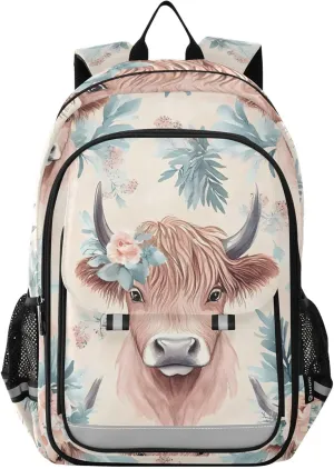ALAZA Highland Cows Flowers Boho Feathers Leaves Laptop Backpack Purse for Women Men School Bag 17 Inch Bookbag Student Boys Girls Travel Casual Daypack