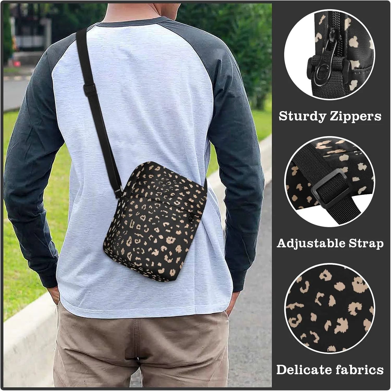 ALAZA Leopard Spot on Black Background Crossbody Bag Small Messenger Bag Shoulder Bag with Zipper for Women Men