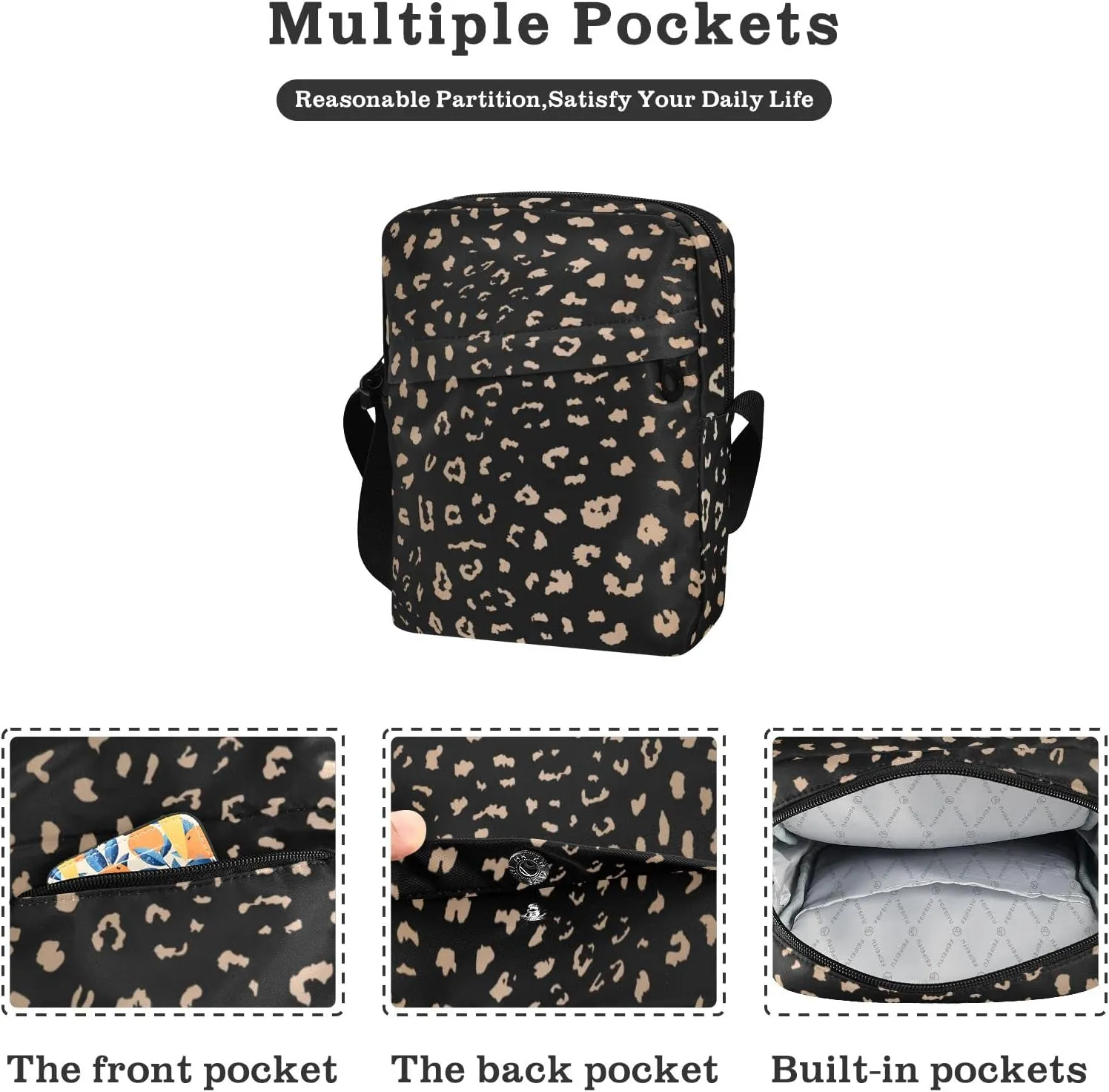 ALAZA Leopard Spot on Black Background Crossbody Bag Small Messenger Bag Shoulder Bag with Zipper for Women Men