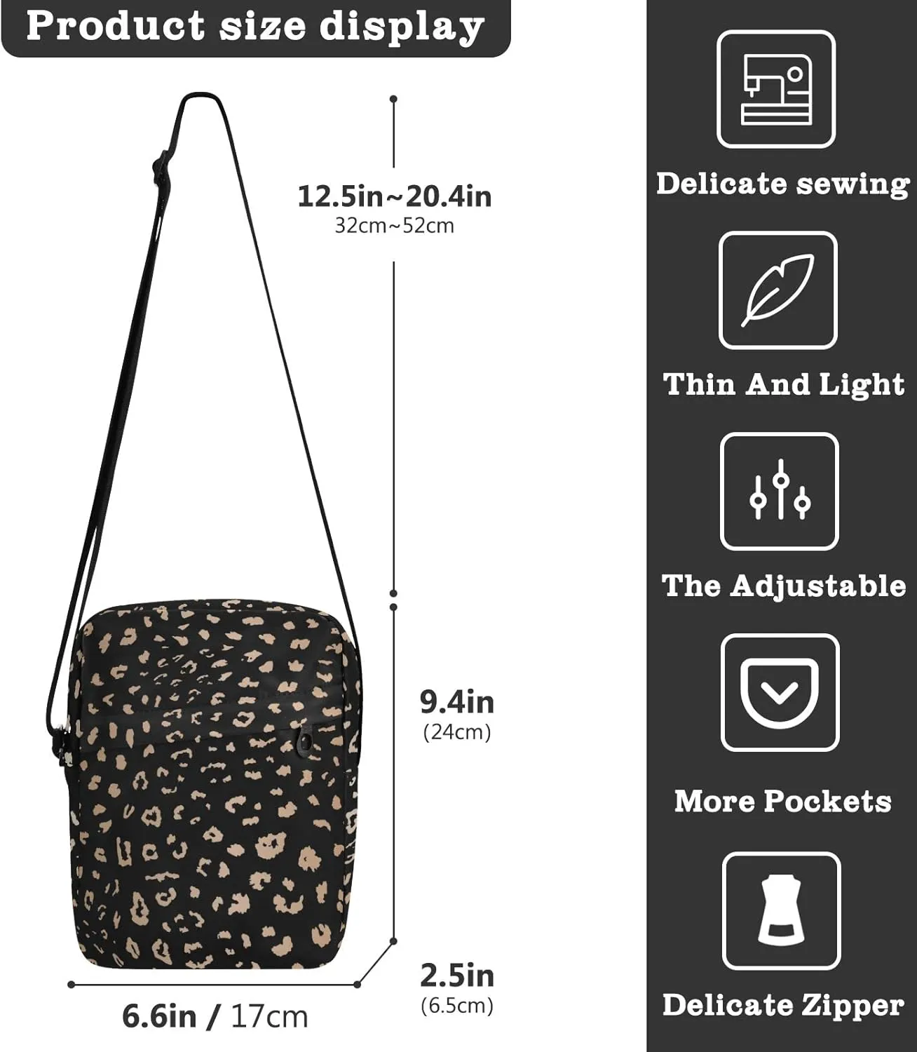 ALAZA Leopard Spot on Black Background Crossbody Bag Small Messenger Bag Shoulder Bag with Zipper for Women Men