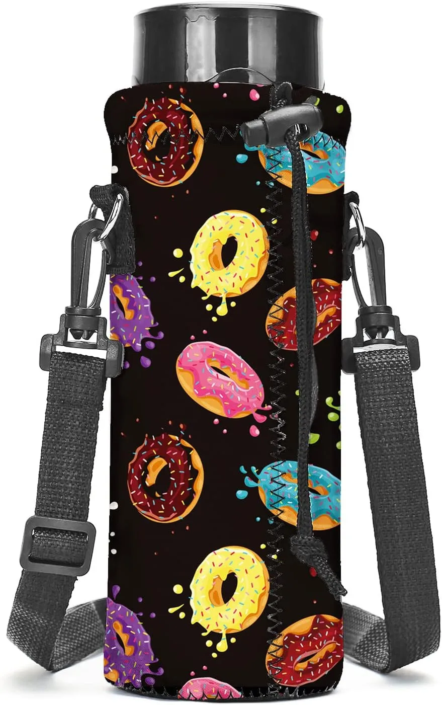 AMARY 1000ML Neoprene Water Bottle Carrier Bag with Adjustable Shoulder Strap,Insulated Water Bottle Cover for Stainless Steel/Glass/Plastic Bottles 34OZ (donuts)