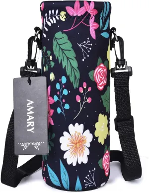 AMARY 1000ML Neoprene Water Bottle Carrier Bag with Adjustable Shoulder Strap,Insulated Water Bottle Cover for Stainless Steel/Glass/Plastic Bottles 34OZ (Flowers-5)