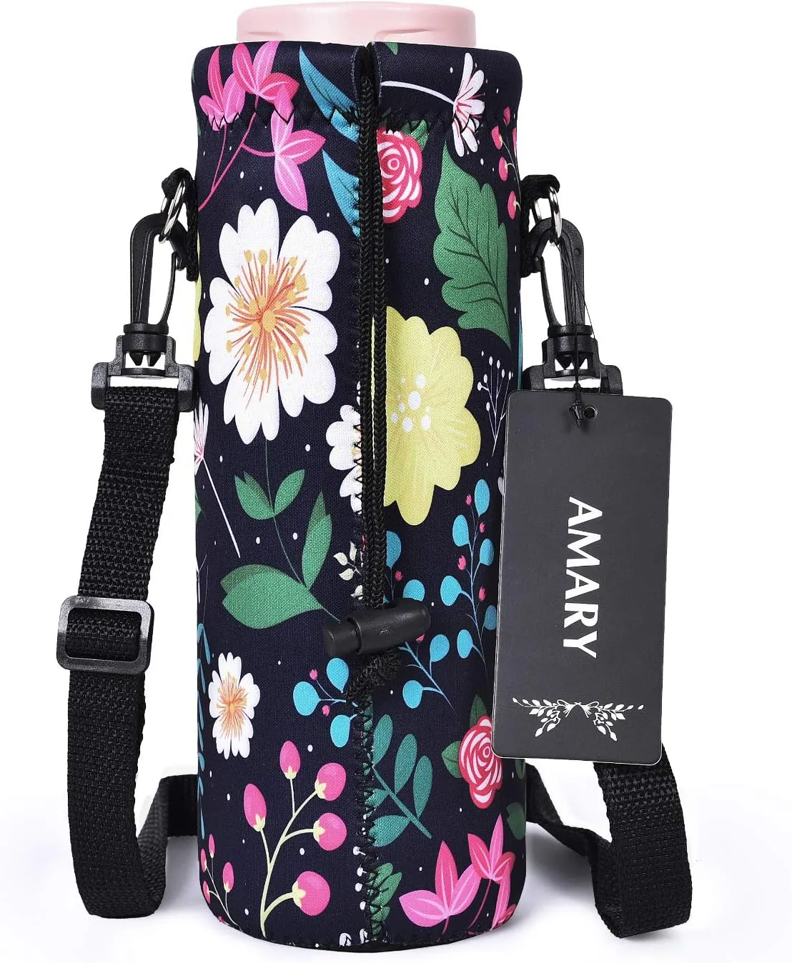AMARY 1000ML Neoprene Water Bottle Carrier Bag with Adjustable Shoulder Strap,Insulated Water Bottle Cover for Stainless Steel/Glass/Plastic Bottles 34OZ (Flowers-5)