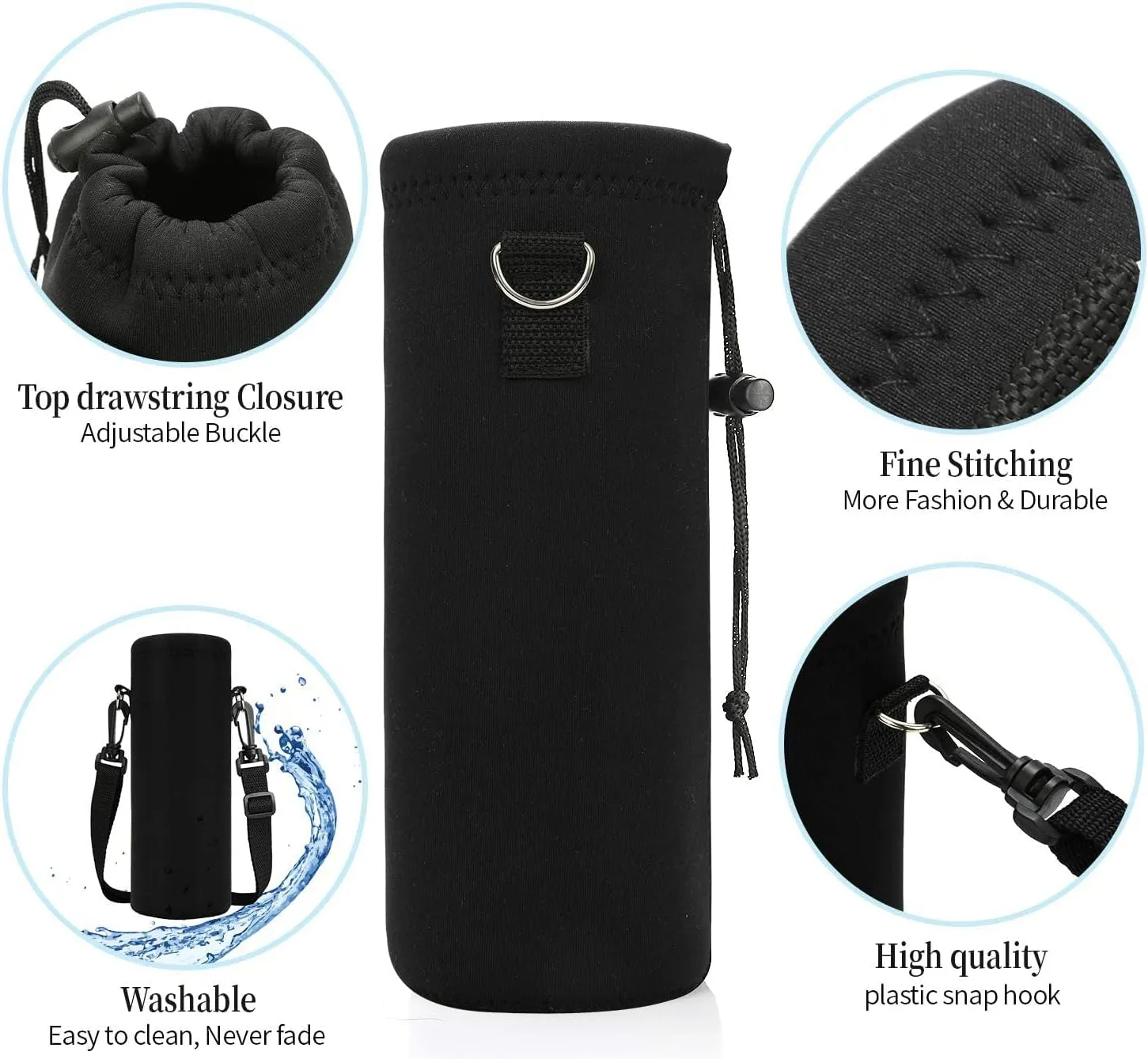 AMARY 500ML Neoprene Water Bottle Carrier Bag with Adjustable Shoulder Strap,Insulated Water Bottle Cover for Stainless Steel/Glass/Plastic Bottles 16.9OZ (Black)