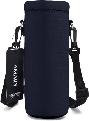 AMARY 500ML Neoprene Water Bottle Carrier Bag with Adjustable Shoulder Strap,Insulated Water Bottle Cover for Stainless Steel/Glass/Plastic Bottles 16.9OZ (Black)