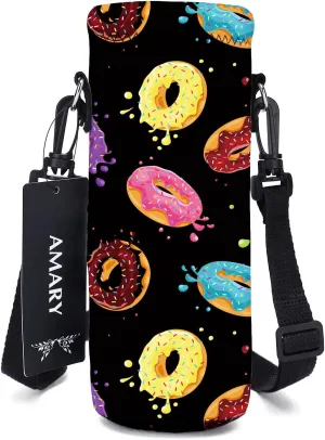 AMARY 500ML Neoprene Water Bottle Carrier Bag with Adjustable Shoulder Strap,Insulated Water Bottle Cover for Stainless Steel/Glass/Plastic Bottles 16.9OZ (donuts)