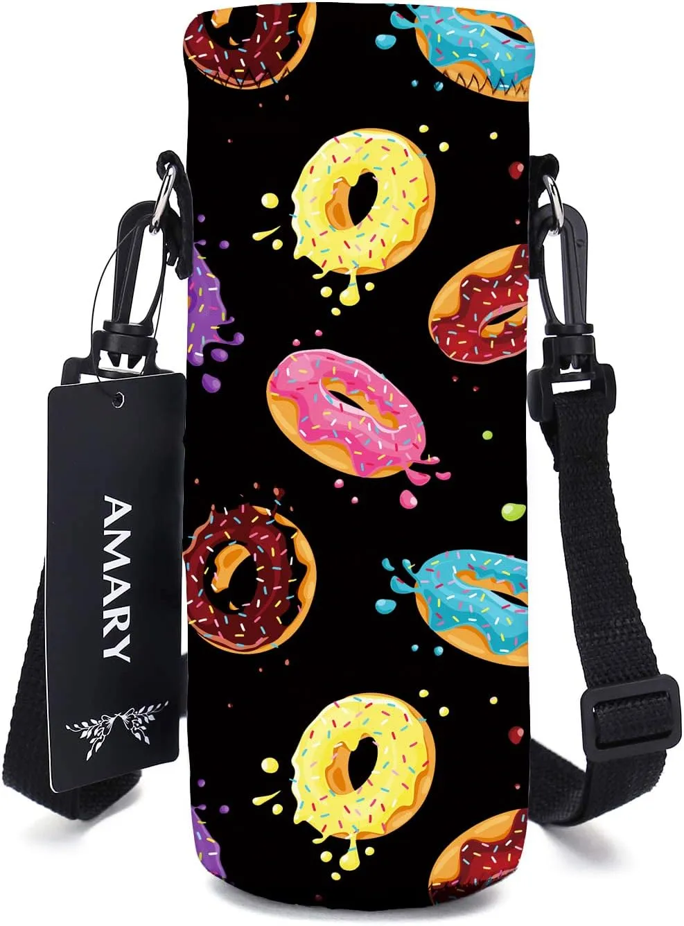 AMARY 500ML Neoprene Water Bottle Carrier Bag with Adjustable Shoulder Strap,Insulated Water Bottle Cover for Stainless Steel/Glass/Plastic Bottles 16.9OZ (donuts)