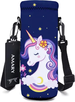 AMARY 500ML Neoprene Water Bottle Carrier Bag with Adjustable Shoulder Strap,Insulated Water Bottle Cover for Stainless Steel/Glass/Plastic Bottles 16.9OZ (Lovely unicorn)