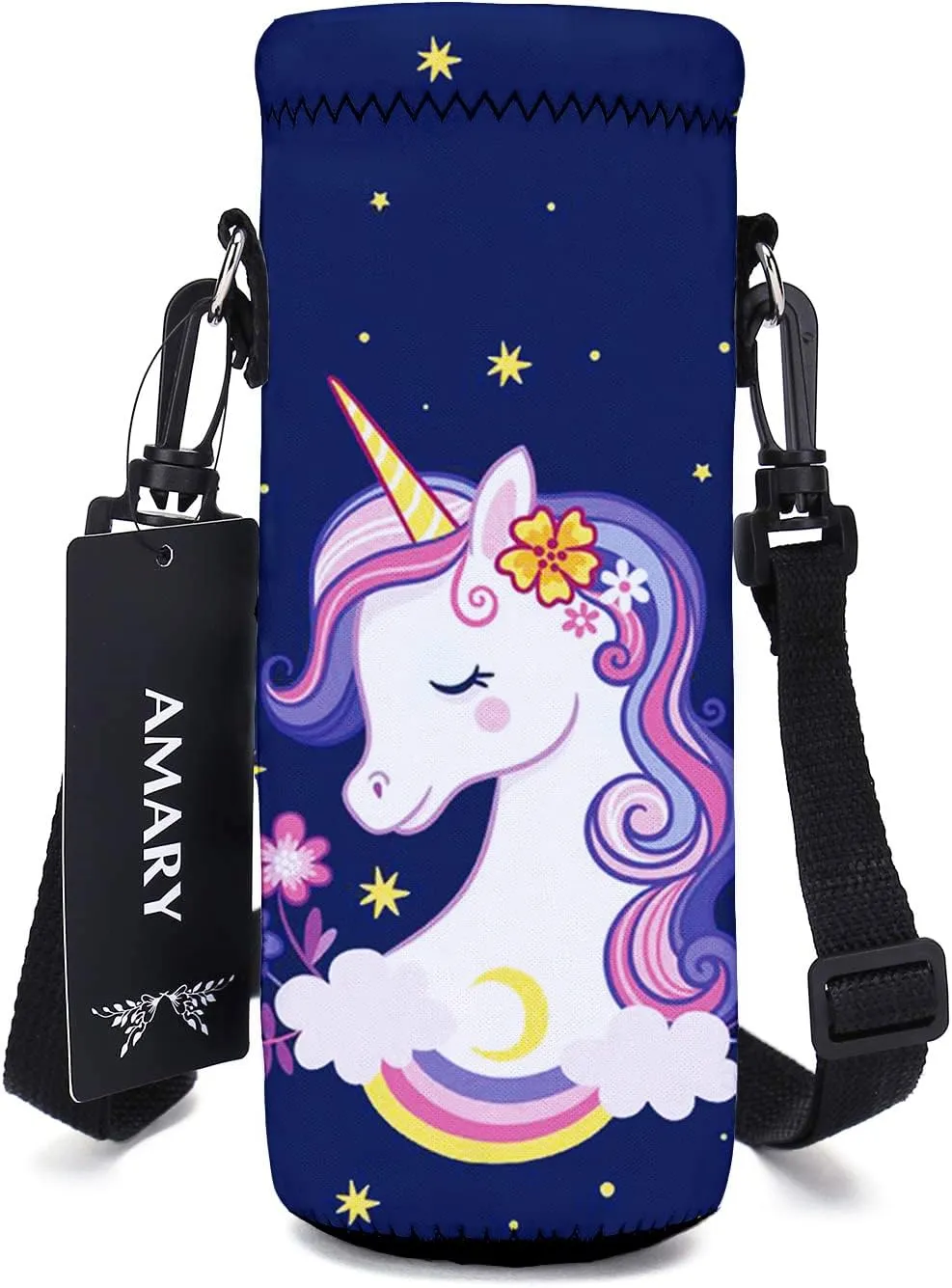 AMARY 500ML Neoprene Water Bottle Carrier Bag with Adjustable Shoulder Strap,Insulated Water Bottle Cover for Stainless Steel/Glass/Plastic Bottles 16.9OZ (Lovely unicorn)