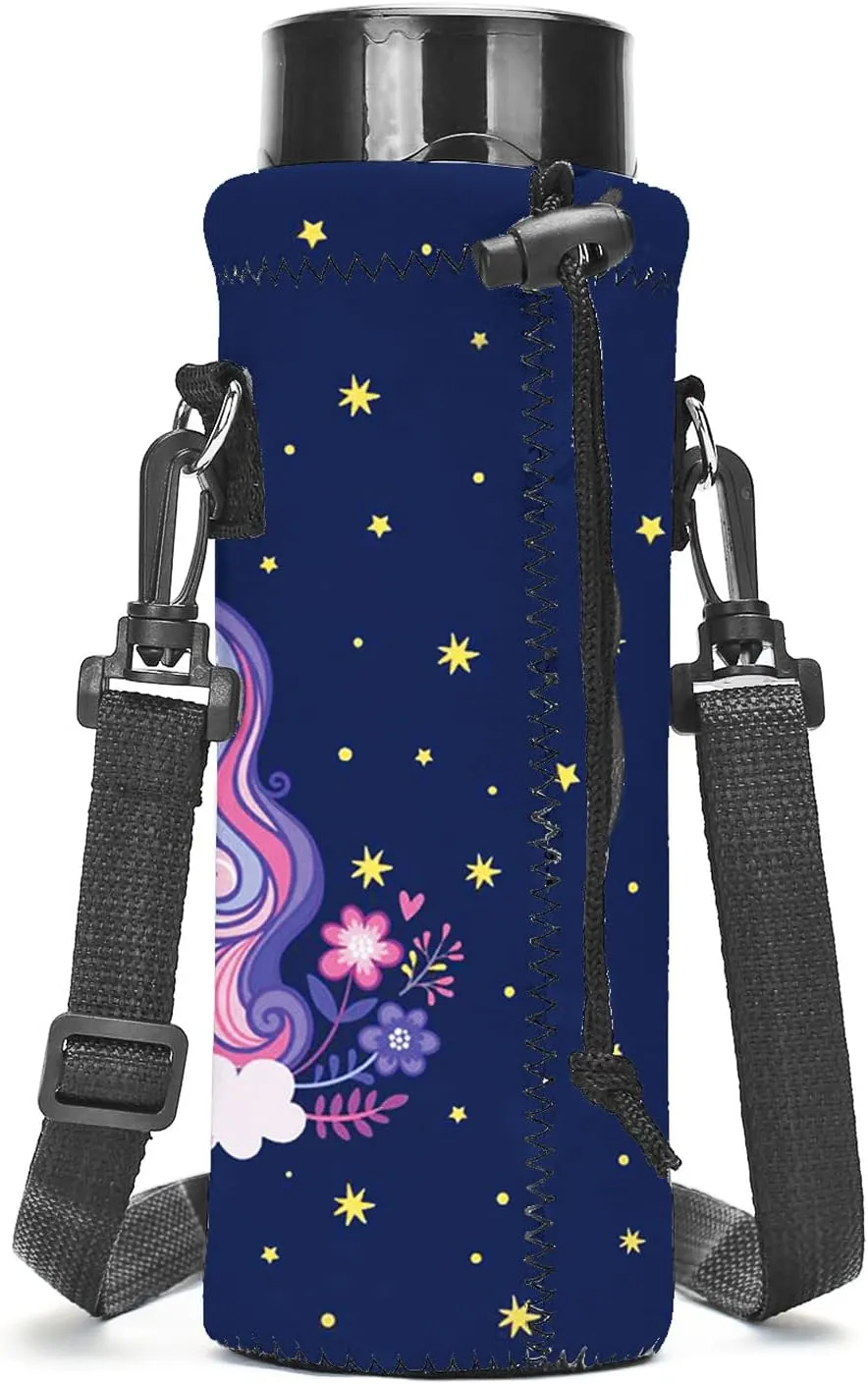 AMARY 500ML Neoprene Water Bottle Carrier Bag with Adjustable Shoulder Strap,Insulated Water Bottle Cover for Stainless Steel/Glass/Plastic Bottles 16.9OZ (Lovely unicorn)