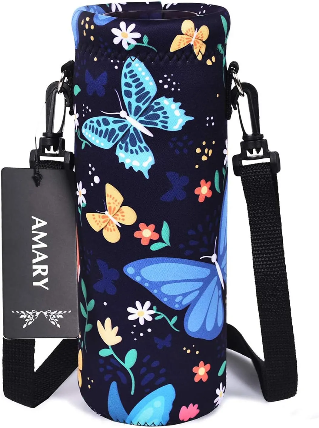 AMARY 750ML Neoprene Water Bottle Carrier Bag with Adjustable Shoulder Strap,Insulated Water Bottle Cover for Stainless Steel/Glass/Plastic Bottles 24OZ (Butterfly-2)